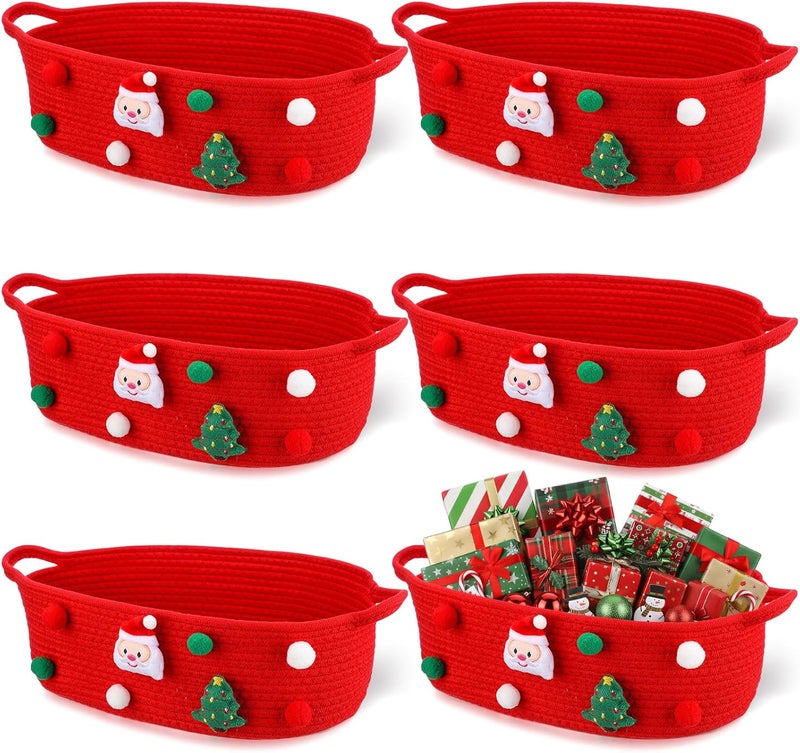 FoldTier 6 Pack Christmas Gift Basket Empty 15 x 9.9 x 5.1 Inch Santa Red Christmas Storage Bin with Handles, Woven Cotton Rope Basket for Gifts Holiday Treats Party Supplies, Home Xmas Decorations - Image 1